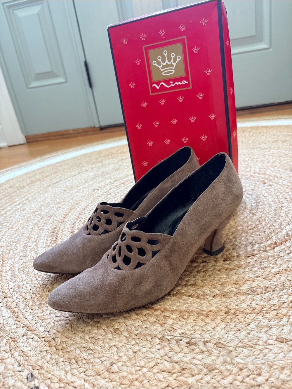 Nina Taupe Suede Pointed Toe Kitty Heels Pumps with Cutout Vamp